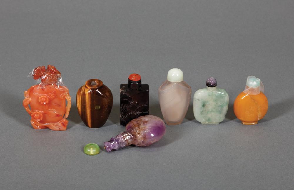 Appraisal: Seven Chinese Snuff Bottles incl smokey quartz green quartz tiger's