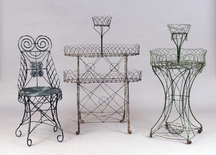 Appraisal: Two Wirework Plant Stands Together with a wirework chair largest