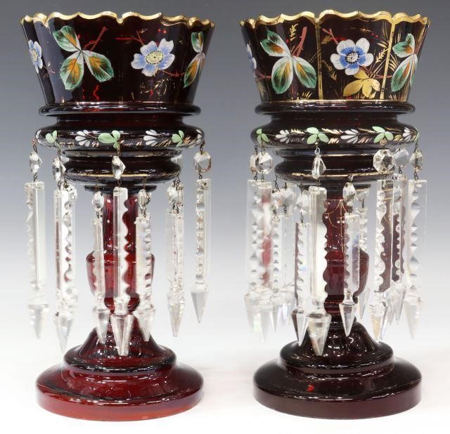 Appraisal: pair Victorian dark ruby glass mantle lusters upper body with