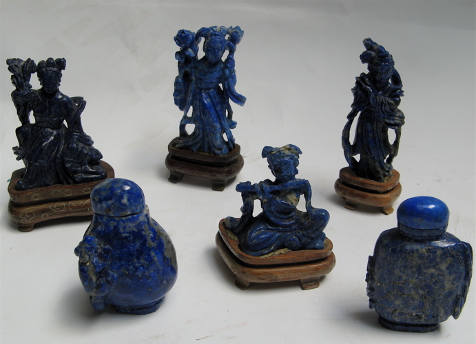 Appraisal: SIX HAND CARVED PIECES LAPIS LAZULI two are covered snuff