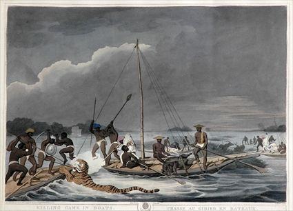 Appraisal: KILLING GAME IN BOATS Hand-colored engraving x in after the