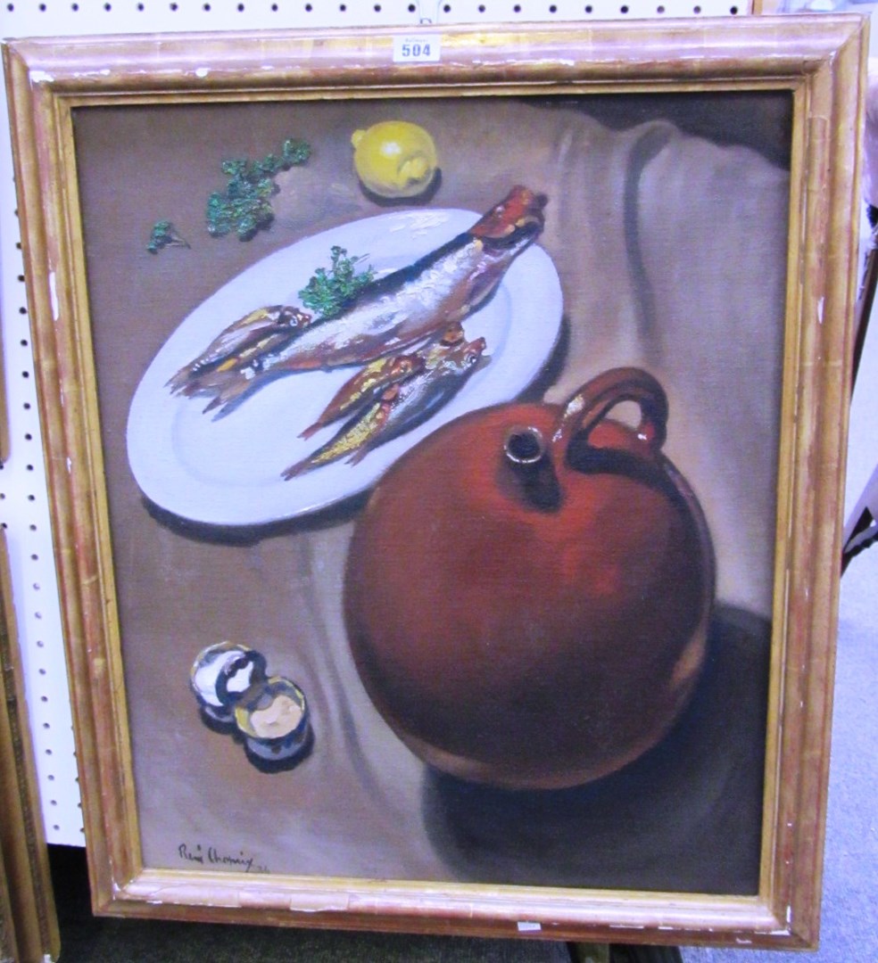 Appraisal: Rene Choprix - Nature morte avec citron et poissons oil