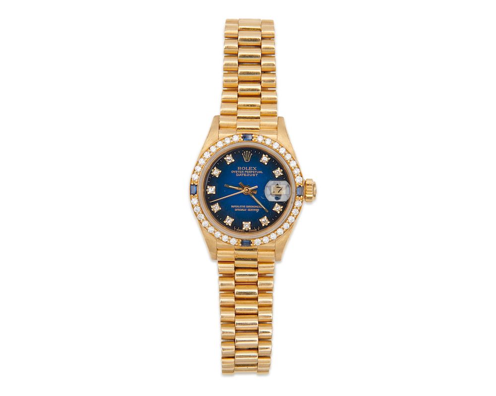 Appraisal: ROLEX K Gold Diamond and Sapphire Oyster Perpetual Datejust Wristwatch