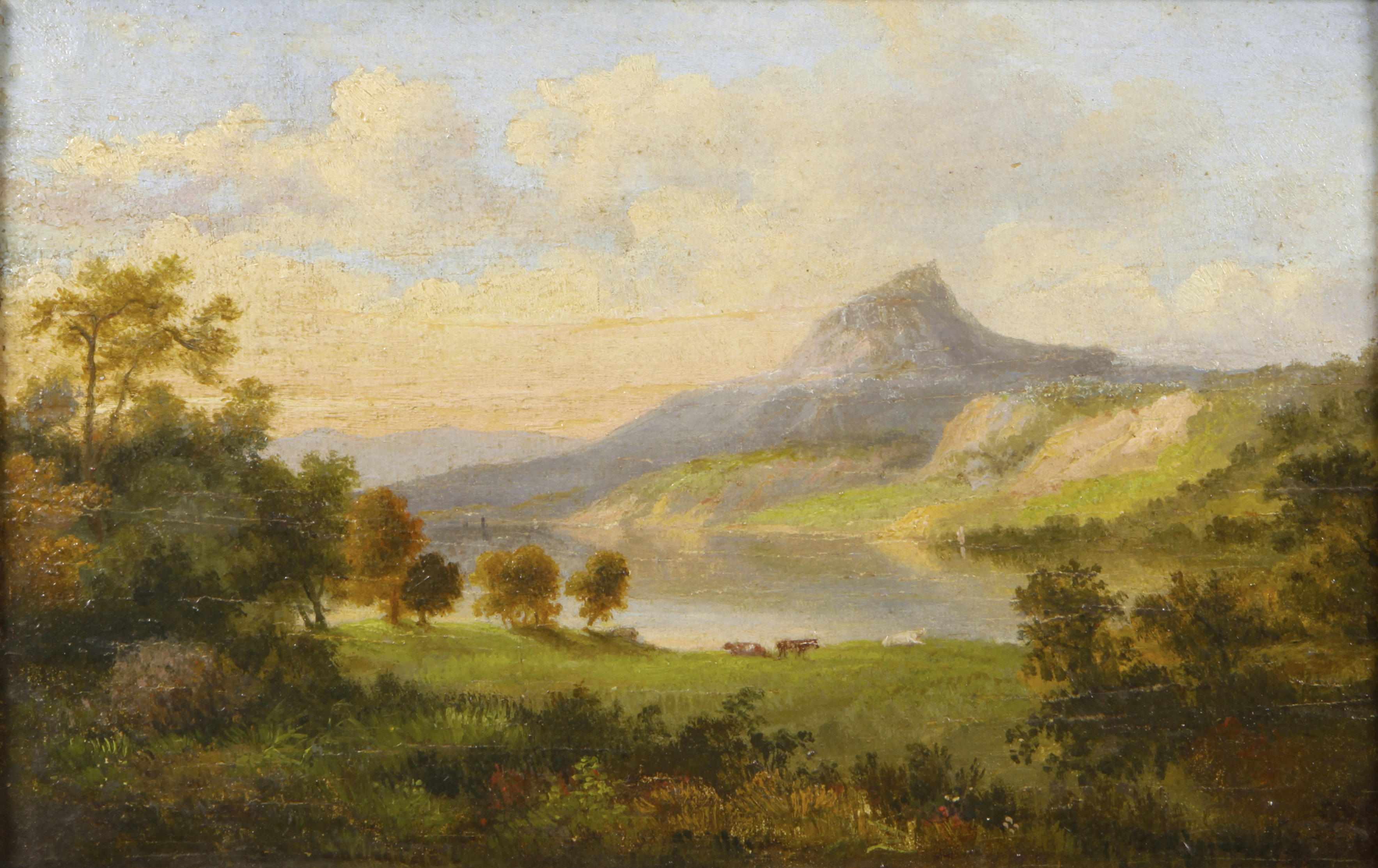 Appraisal: English School A wooded landscape with a lake and mountains