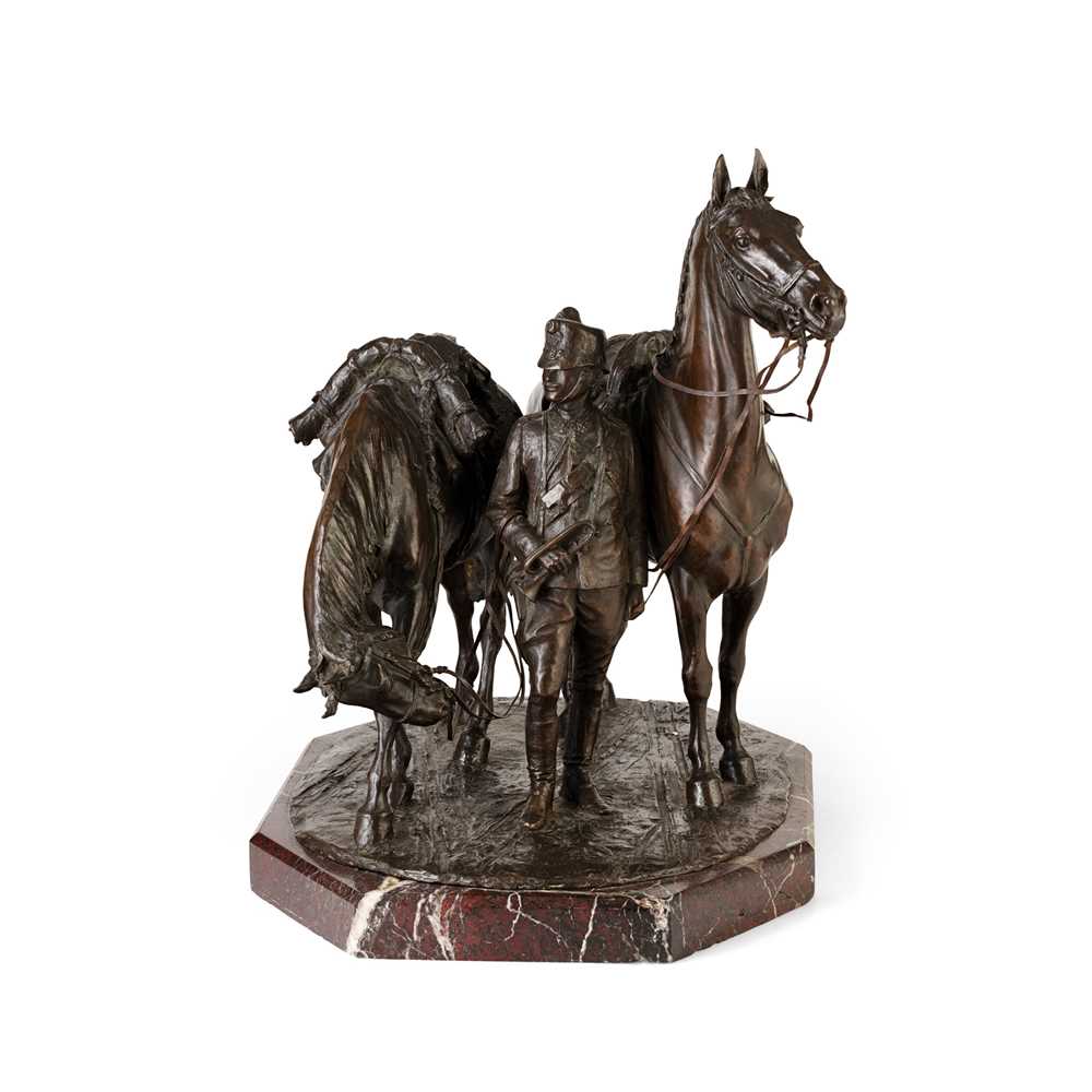 Appraisal: ENRICO MALVANI ITALIAN - BUGLER WITH TWO HORSES bronze dark