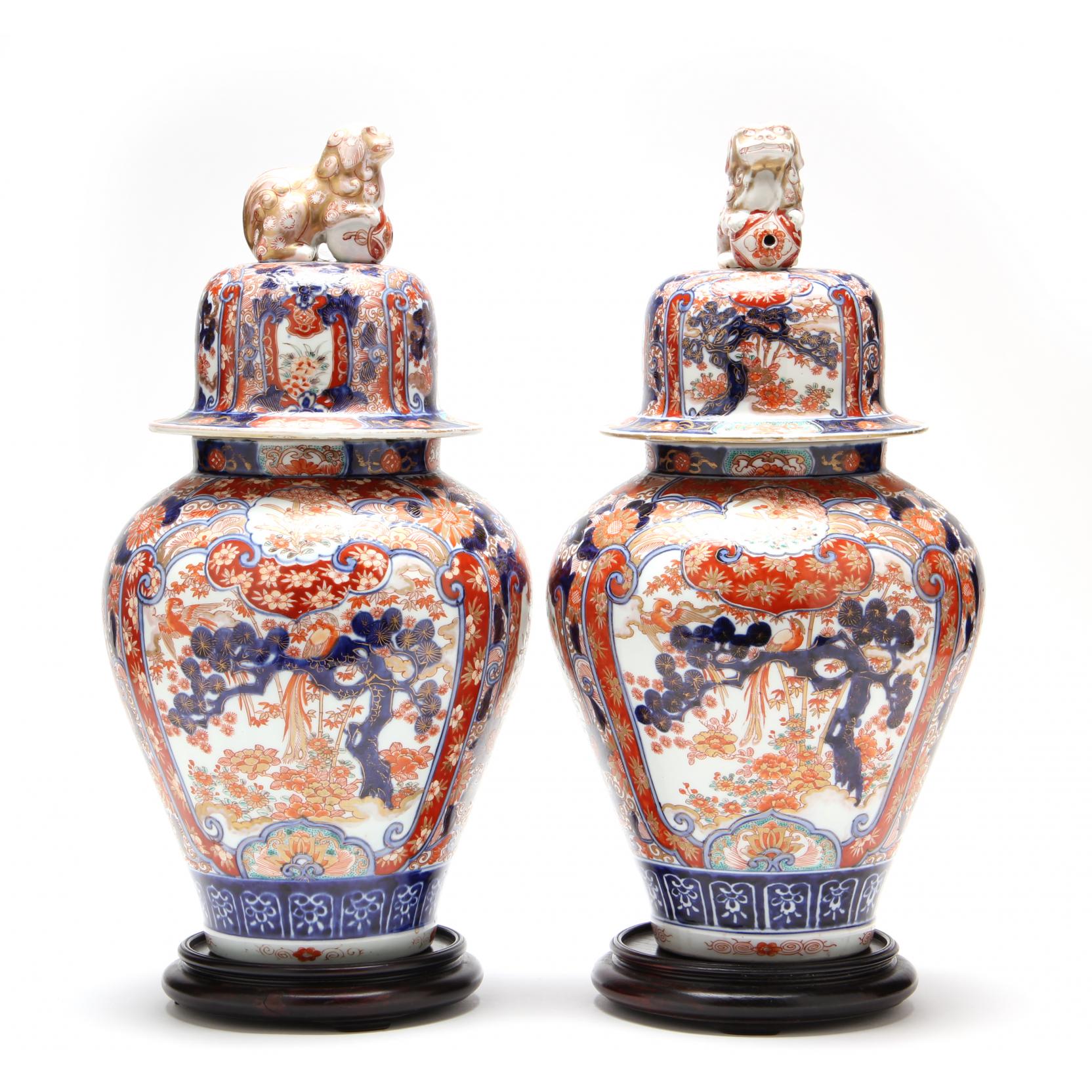 Appraisal: A Pair of Large Imari Porcelain Covered Vases vivid blues