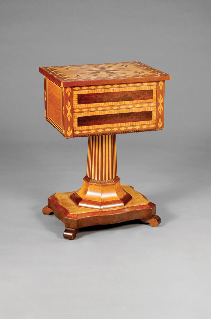 Appraisal: UNUSUAL AMERICAN FANCILY INLAID TWO- DRAWER PEDESTAL STAND Of birch