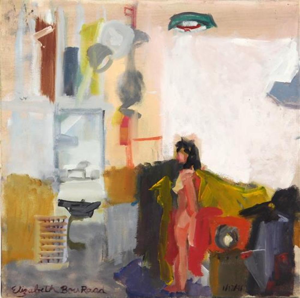 Appraisal: Elizabeth Bou Raad oil on canvas a nude figure stands