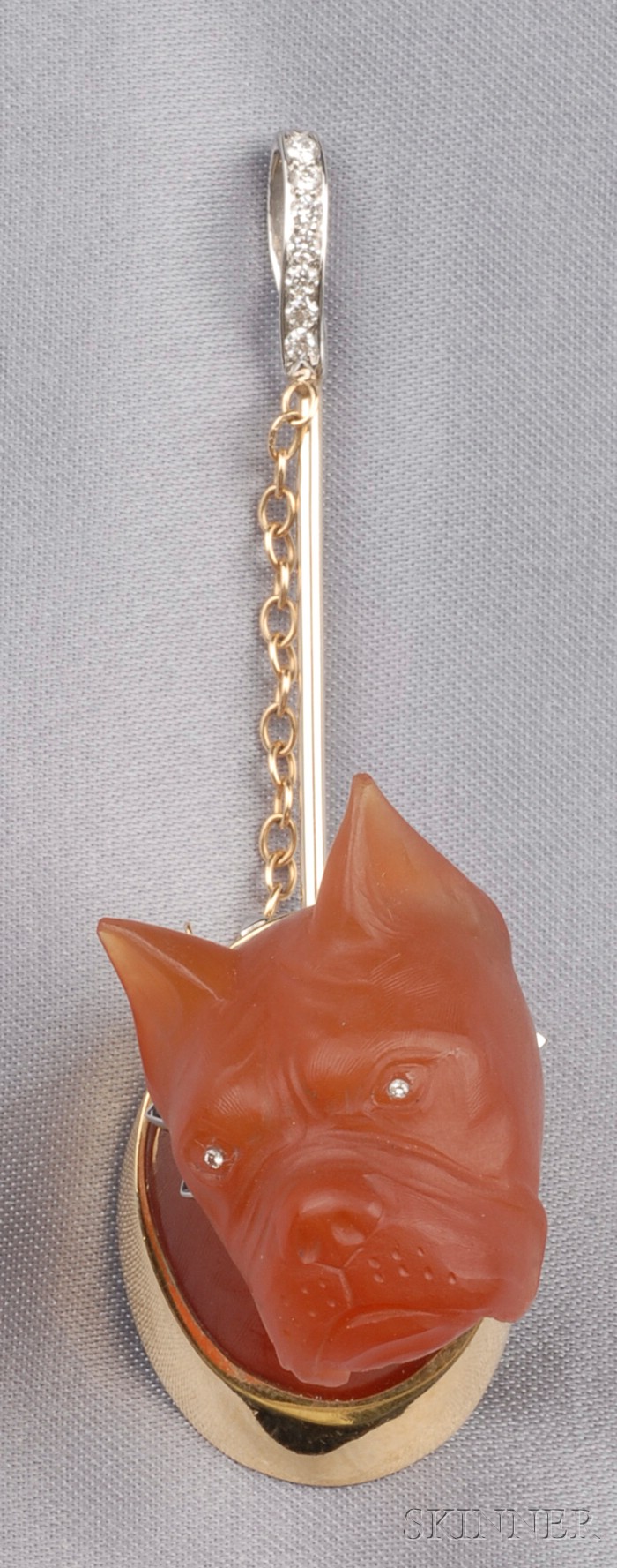 Appraisal: Carved Carnelian French Bulldog Brooch the jowly pooch with diamond