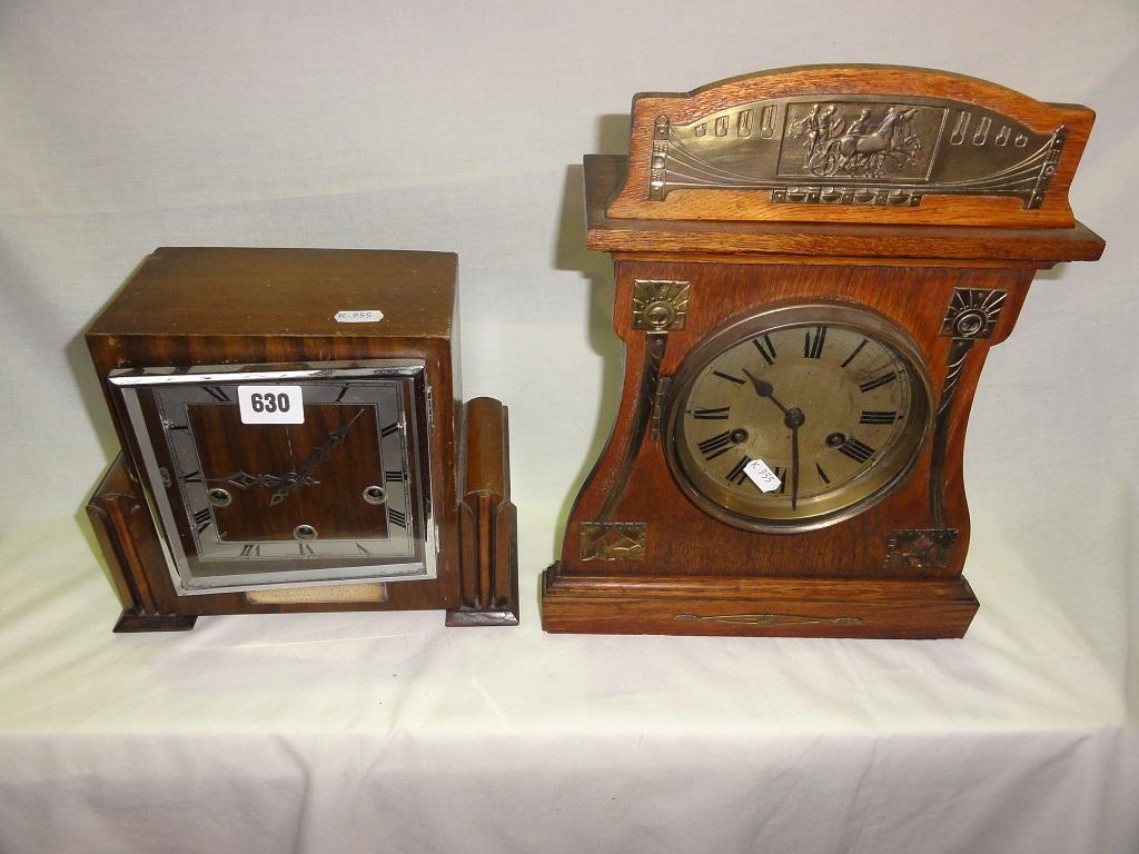 Appraisal: An Art Deco walnut three train mantle clock and a