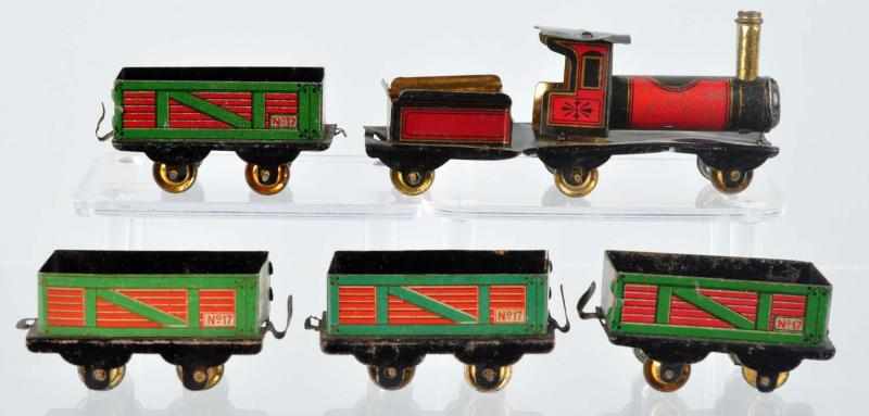 Appraisal: Tin Litho Freight Train Set Penny Toy German Includes steam