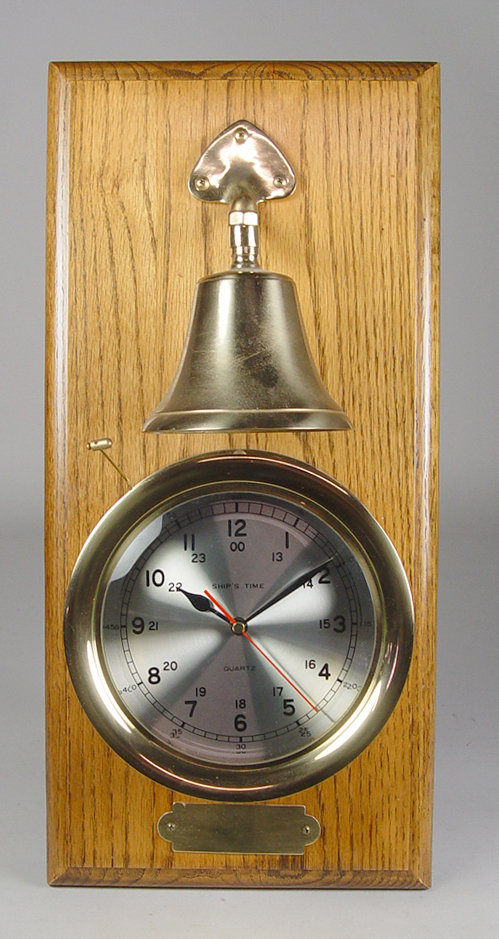 Appraisal: Brass Ship's Clock with Bell Plaque Quartz movement clock Unmarked