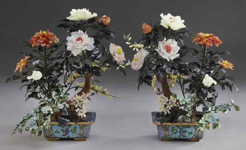 Appraisal: Pr Chinese carved jade treesset in cloisonne planters ''H x