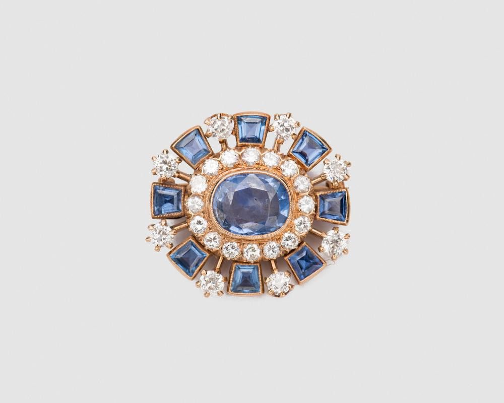 Appraisal: K Yellow Gold Sapphire and Diamond Pendant Brooch K Yellow