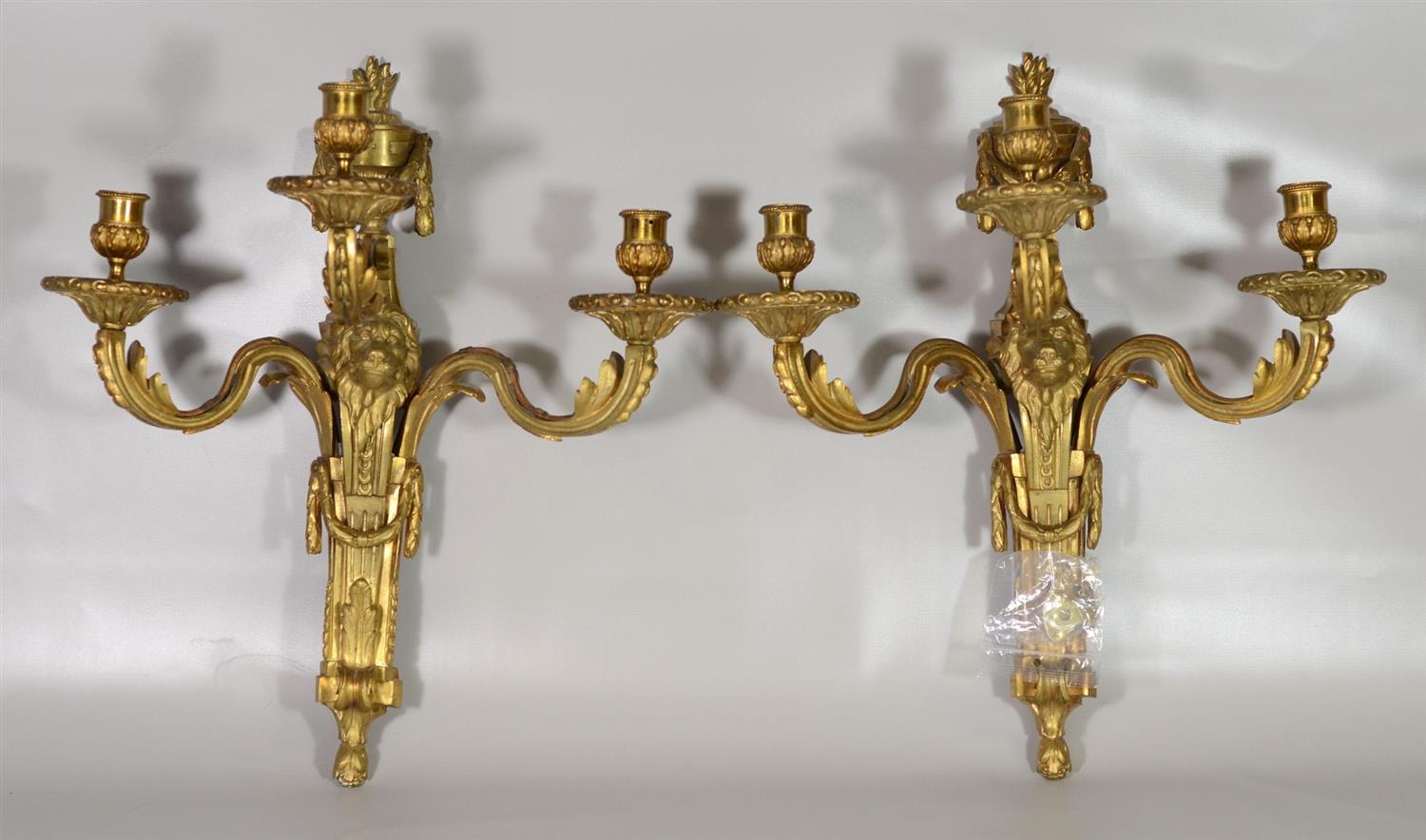 Appraisal: Pair Louis XVI arm ormolu bronze wall sconces with lion