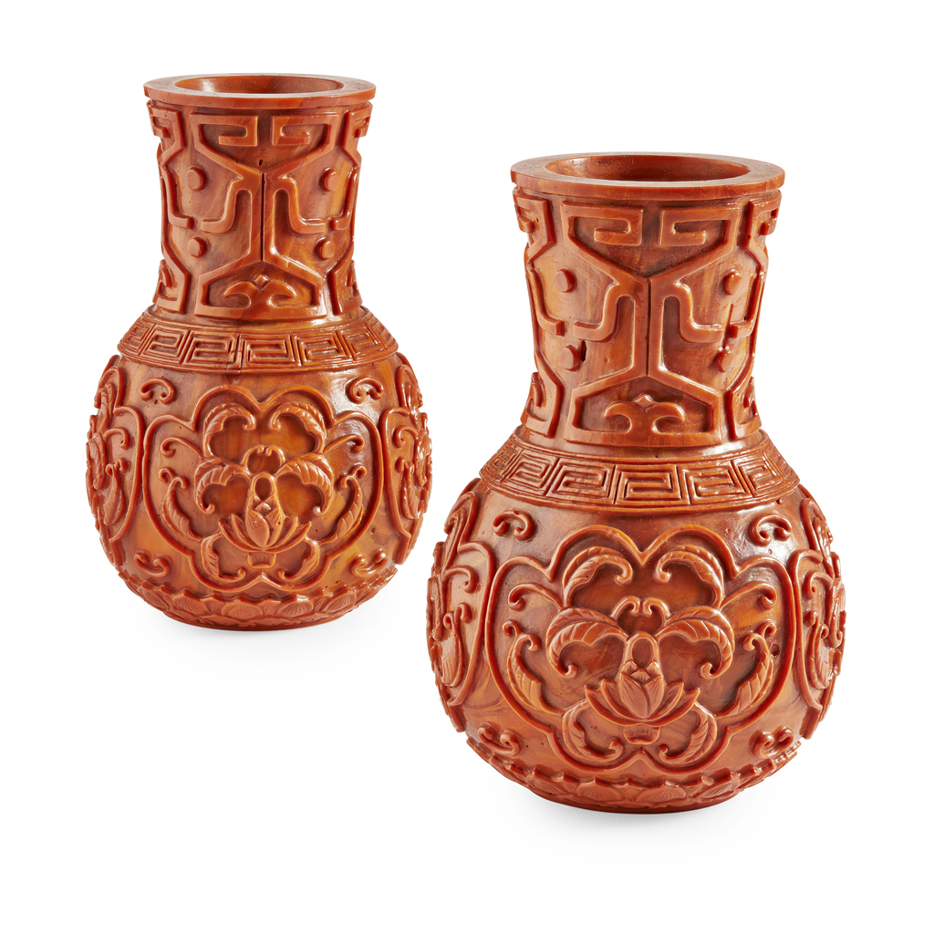 Appraisal: PAIR OF VERMILLION GLASS BOTTLE-FORM VASES the globular body decorated