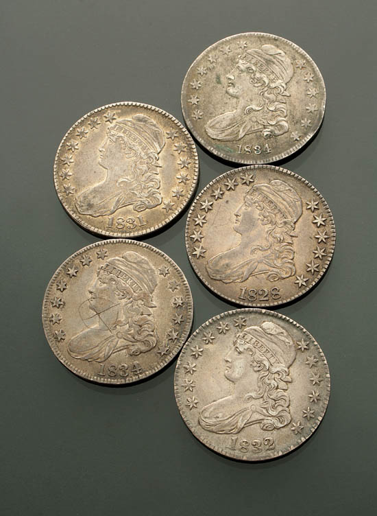 Appraisal: Five U S Capped Bust Silver Half-Dollars Dated and two