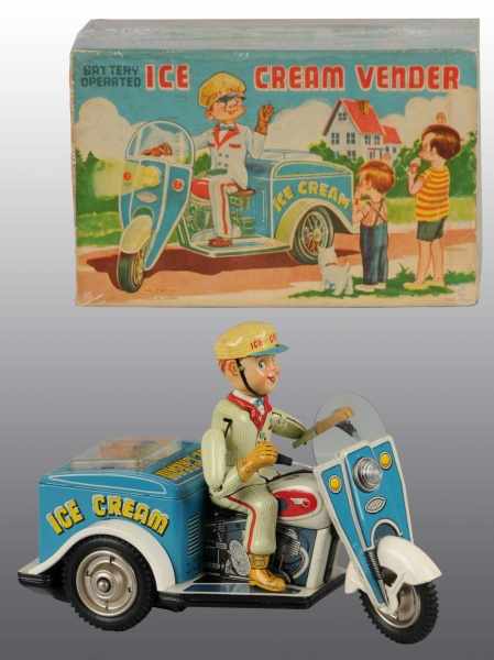 Appraisal: Tin Litho Ice Cream Vendor Cycle Battery-Op Toy Description Japanese