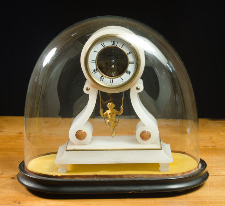 Appraisal: FRENCH FARCOT SWINGING DOLL MANTEL CLOCK WITH GLASS DOME Henry