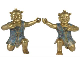 Appraisal: FINE PAIR OF GILT BRONZE AND CLOISONNE ENAMEL CHILDREN Chinese