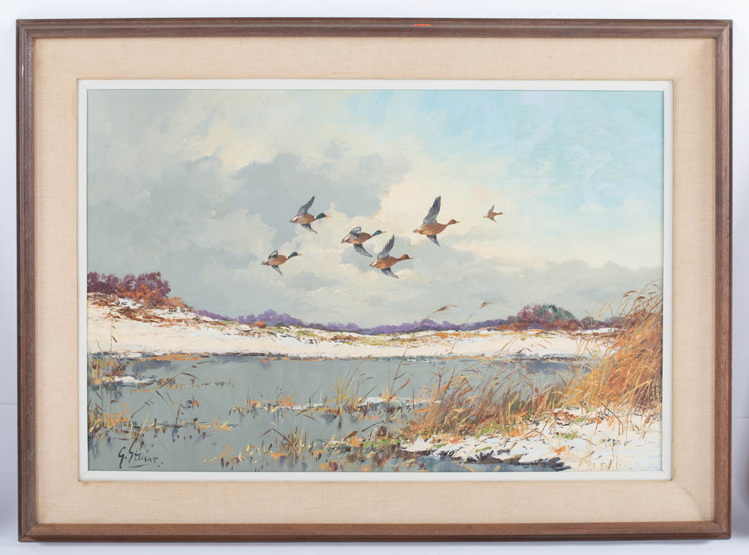 Appraisal: Framed oil on canvas of ducks in flight Undernumber