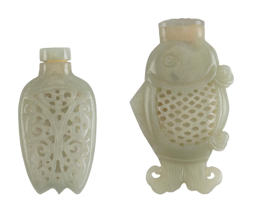 Appraisal: TWO CHINESE OPEN-CARVED CELADON JADE SNUFF BOTTLES TH TH CENTURY