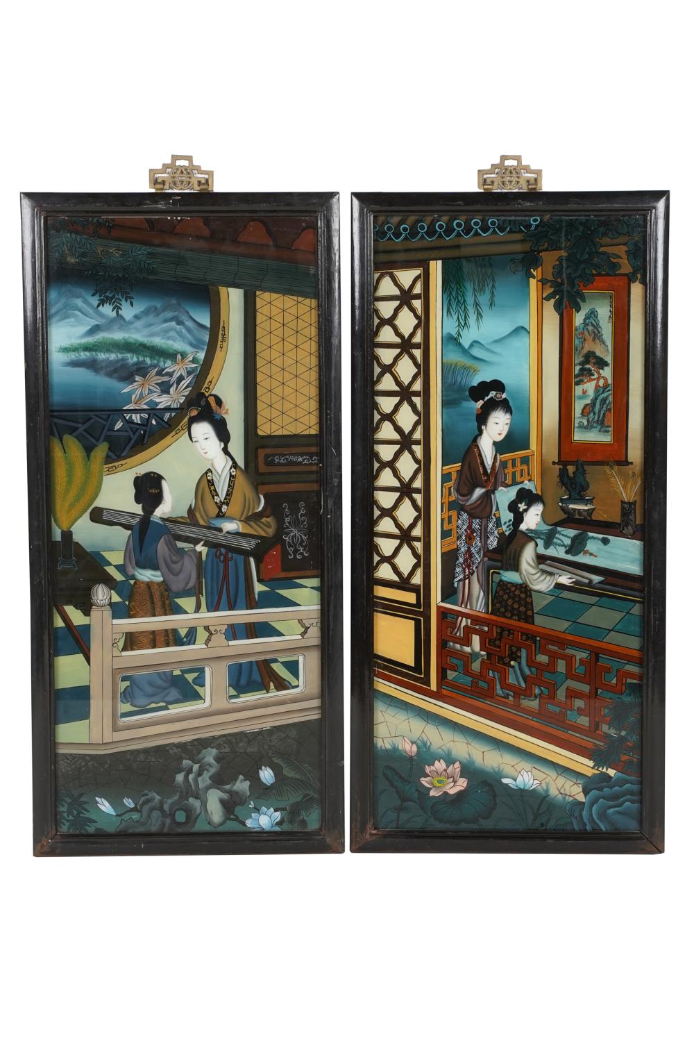 Appraisal: PAIR OF CHINESE REVERSE-PAINTED GLASS PANELSframed x inches overall Condition