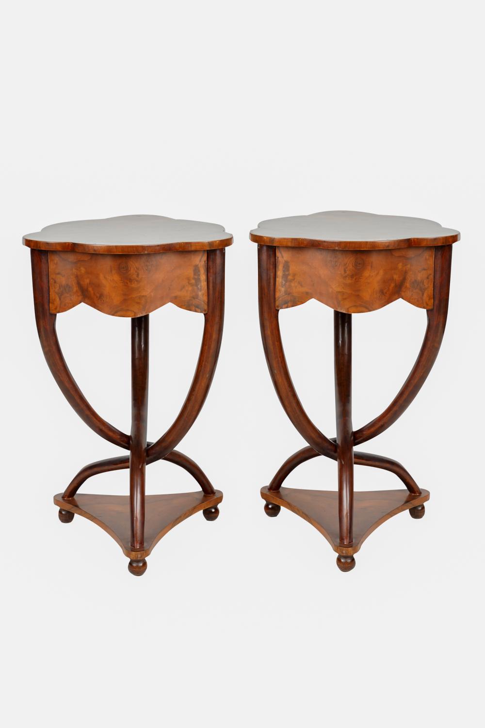 Appraisal: PAIR ART DECO STYLE TRIANGULAR MAHOGANY TABLESmodern each with single