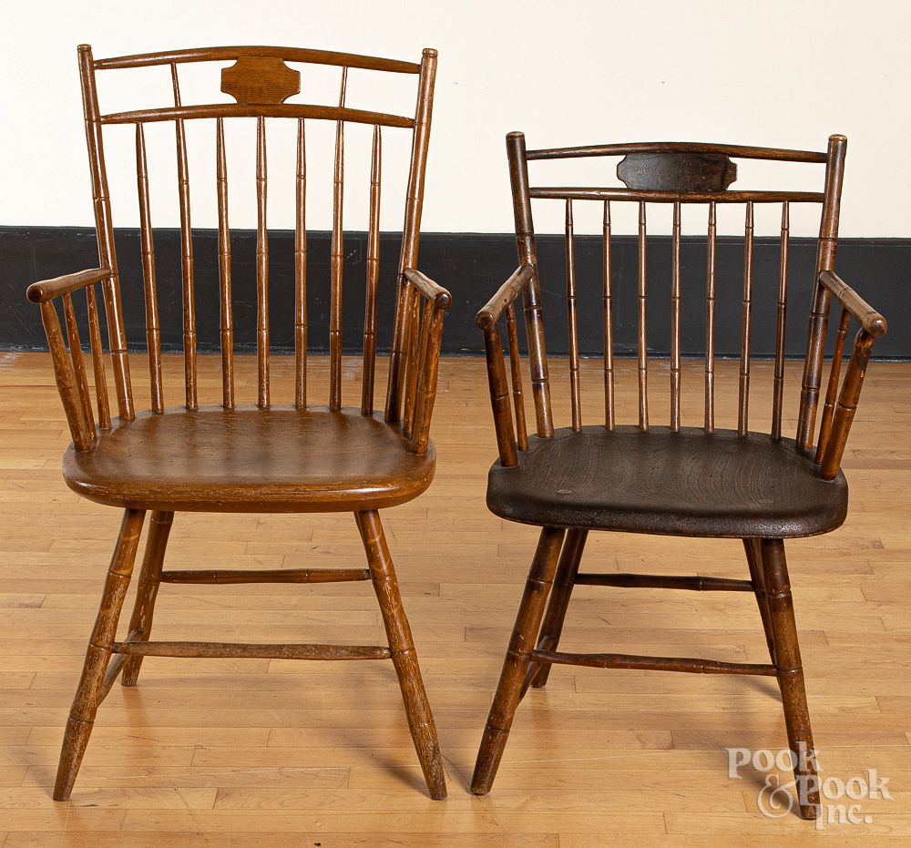 Appraisal: Two ochre painted birdcage Windsor armchairs Two ochre painted birdcage