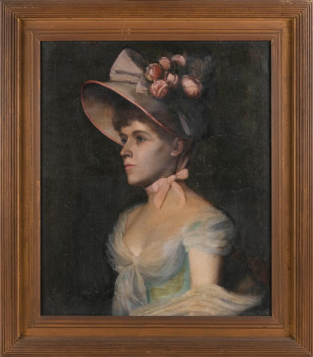 Appraisal: AMERICAN SCHOOL TH CENTURY WOMAN WEARING A FLOWERED BONNET OIL