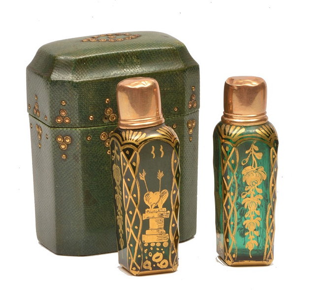 Appraisal: A GEORGE III SMALL SHAGREEN CASE containing two green glass