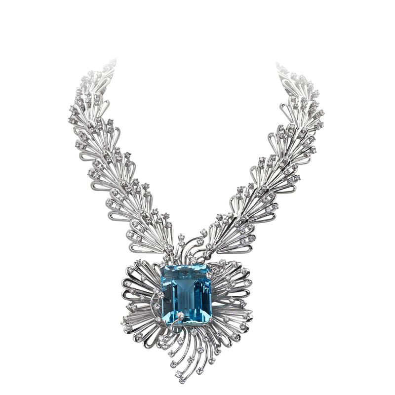 Appraisal: BARBARA ANTON AQUAMARINE AND DIAMOND NECKLACE Rectangular step cut aquamarine