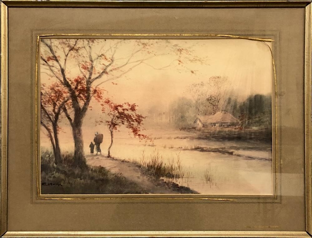 Appraisal: Watercolor of Two Figures by Water Framed and matted watercolor