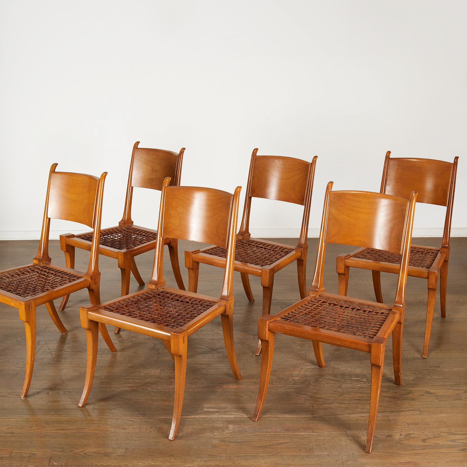 Appraisal: TH ROBSJOHN-GIBBINGS KLISMOS DINING CHAIRS Greece Greek walnut leather strap