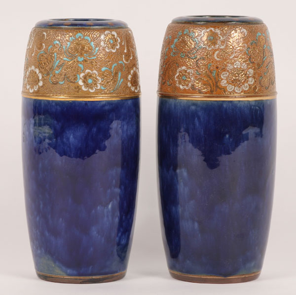 Appraisal: Pair of Royal Doulton cobalt vases with embossed gilt floral