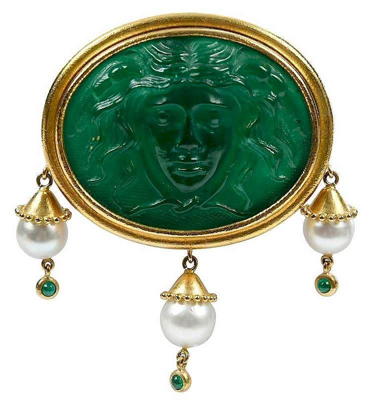 Appraisal: Elizabeth Locke kt Medusa Brooch green glass Medusa cameo drops