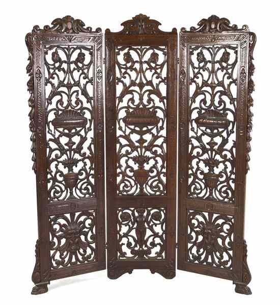 Appraisal: A Renaissance Revival Three-Panel Floor Screen each rectangular panel pierce