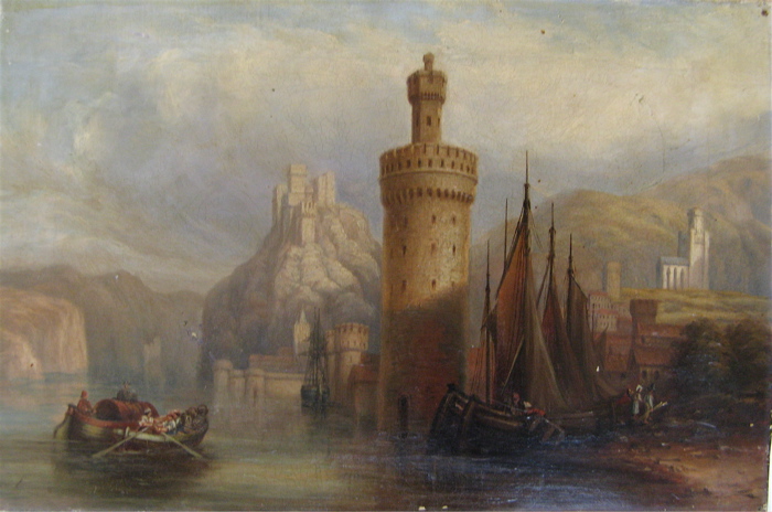 Appraisal: BRITISH SCHOOL TH CENTURY OIL ON CANVAS Castle with fishing