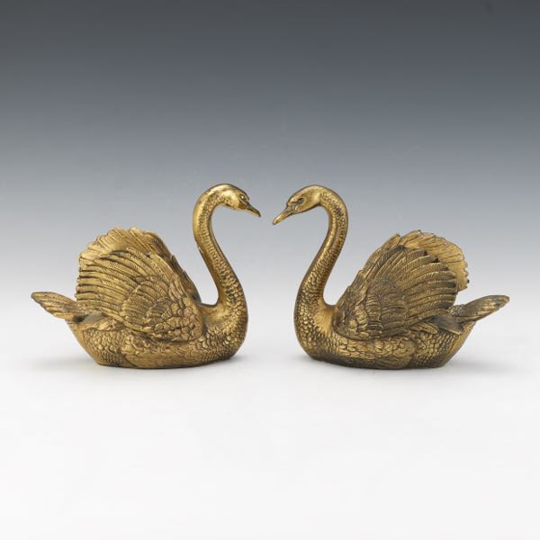 Appraisal: VINTAGE PAIR OF PATINATED BRASS SWAN SCULPTURES x x Lifelike