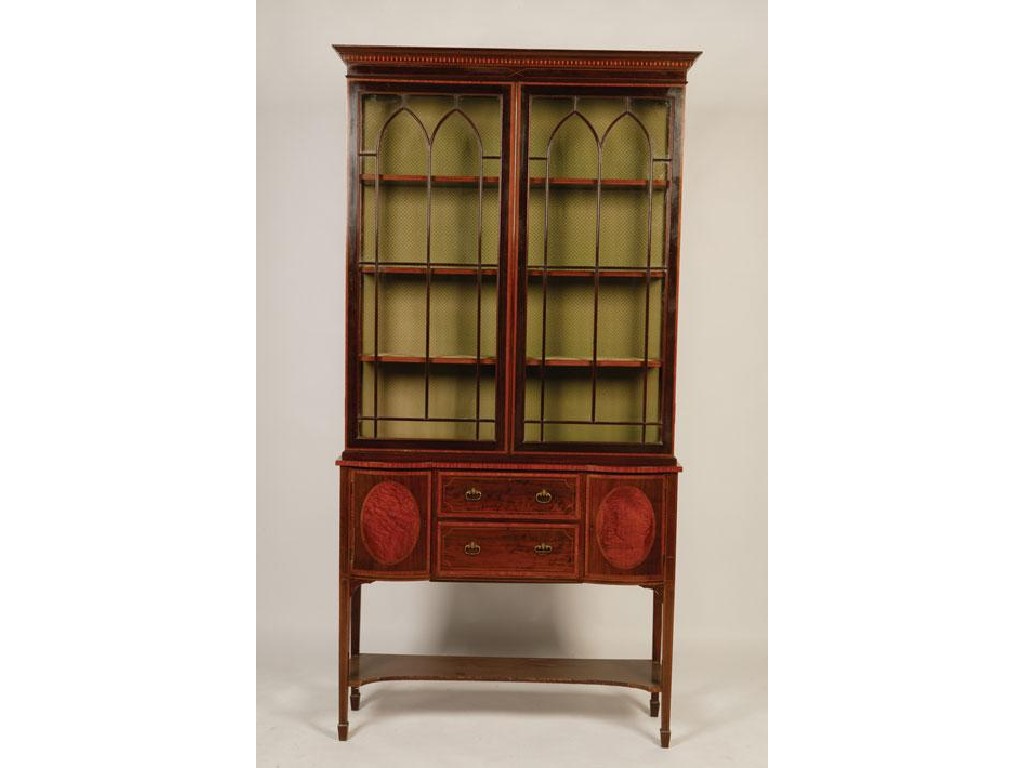 Appraisal: AN EDWARDIAN MAHOGANY AND SATINWOOD CHINA CABINET the raised top