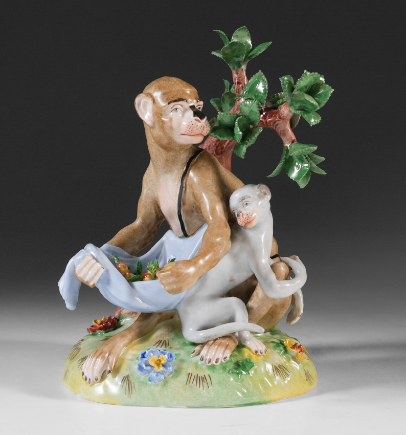 Appraisal: DRESDEN PORCELAIN MONKEY FRUIT GATHERER FIGURINE Figural group of monkeys