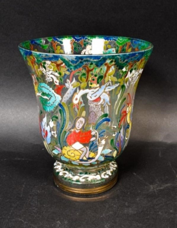 Appraisal: Enameled glass vase with medieval designs featuring figures and animals