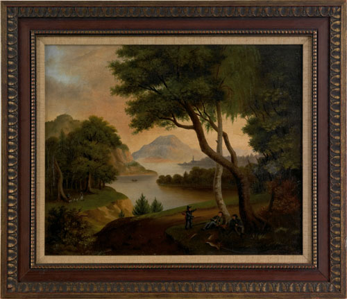 Appraisal: Hudson River School oil on board landscape with hunters x