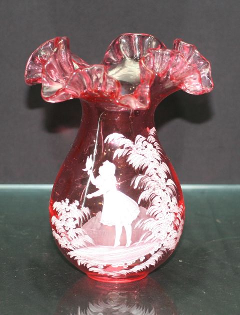 Appraisal: Victorian cranberry glass baluster vase frilled lip Mary Gregory decorations