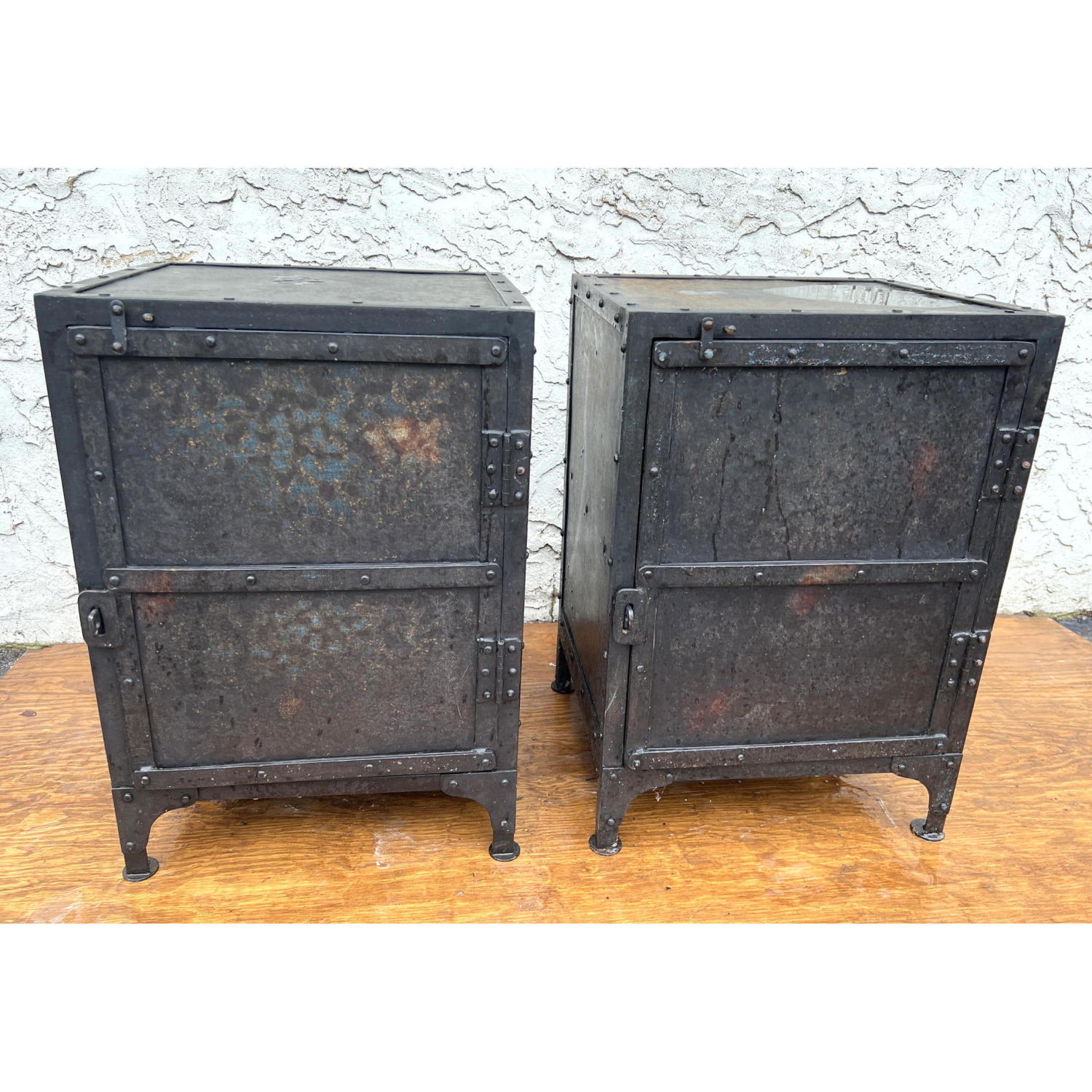 Appraisal: Pair of heavy metal safe-like Nightstands end tables with swing