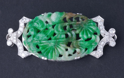 Appraisal: Art Deco jade and diamond panel brooch in pt Mine