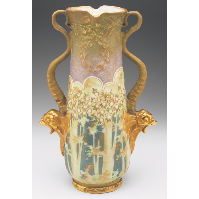 Appraisal: Amphora vase ivory porcelain withan unusual painted forest scene and