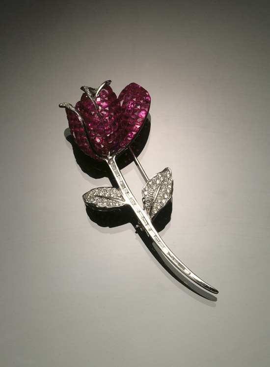 Appraisal: -Karat White-Gold Diamond and Ruby 'Rose' Brooch Set with forty-five