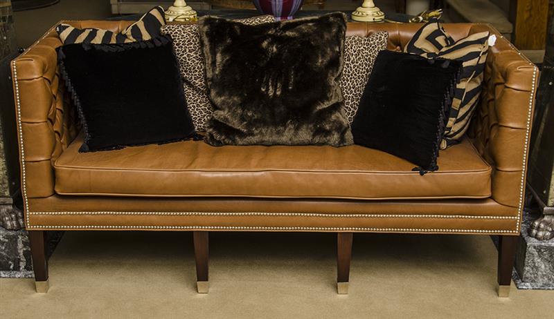 Appraisal: Sofa Ralph Lauren Chrome leather wood together with assorted pillows