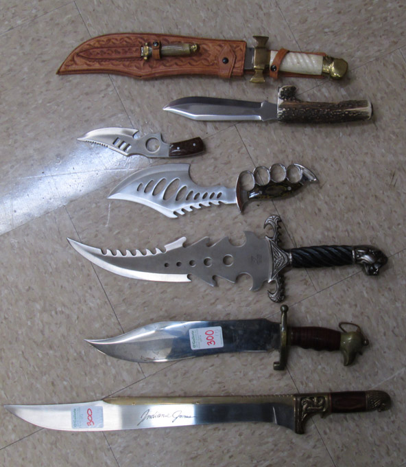 Appraisal: LOT OF SEVEN FIXED BLADE KNIVES United Indiana Jones UC